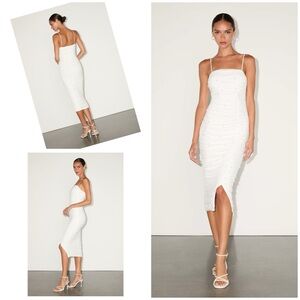 Lulus Toast to Romance White Ruched Pearl Bodycon Midi Dress